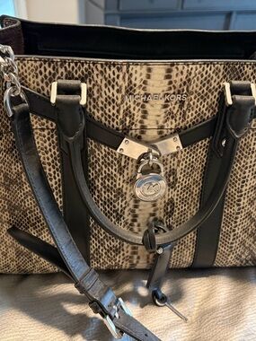 Michael Kors Black and Taupe Snake-Print Satchel with Silver Hardware